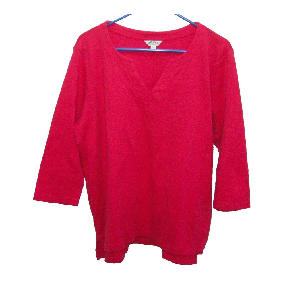 Orvis Womens Large Solid Red V-Neck Shirt Mid Length Sleeve T-Shirt Cotton Top